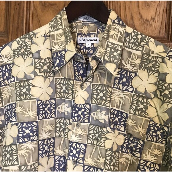 Via Veneto Men's M Hawaiian Shirt Short Sleeve Button Up Blue & Tan Cotton Korea - Picture 3 of 9